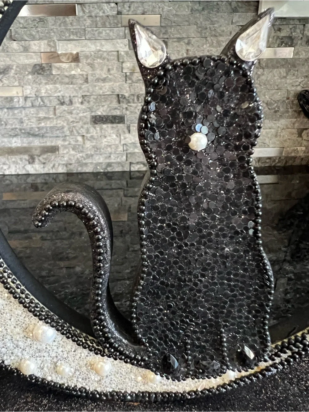 GLITTERY BLING Wooden Halloween Sign, BLACK CAT, MOON, WITCH HAT-11 In Tall!!